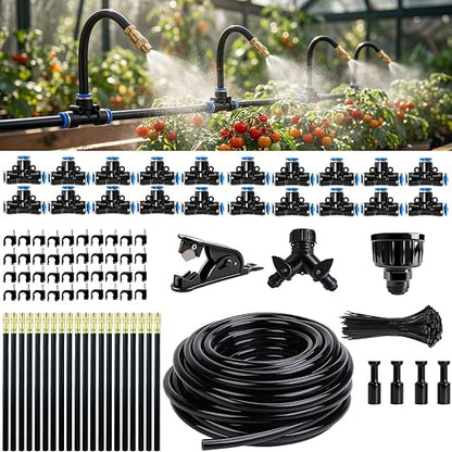 2026-Upgrade 100Ft 1/4" Drip Irrigation System,Garden Watering Kit with 20Pcs 360° Adjustable Copper Nozzles,Automatic Atomizing Sprinkler,DIY for Outdoor,Lawn,Greenhouse,Raised Beds (100FT/20pcs)