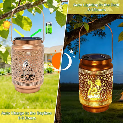 2 Pack Cat Solar Lanterns Outdoor Waterproof Solar Garden Decor, Birthday Gifts for Women Mom Grandma, Metal Hanging Lights with Shepherd Hook for Outside Yard Patio Pathway Backyard