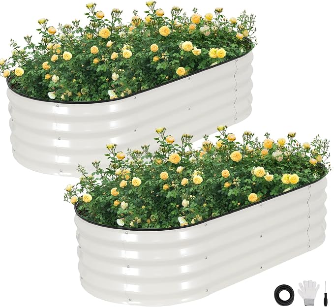 Galvanized Raised Garden Bed Outdoor, 2Pcs 4x2x1ft Oval Planter Box with Rubber Strip,Metal Raised Bed Kit for Vegetables Flowers Herbs, White