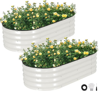 Galvanized Raised Garden Bed Outdoor, 2Pcs 4x2x1ft Oval Planter Box with Rubber Strip,Metal Raised Bed Kit for Vegetables Flowers Herbs, White