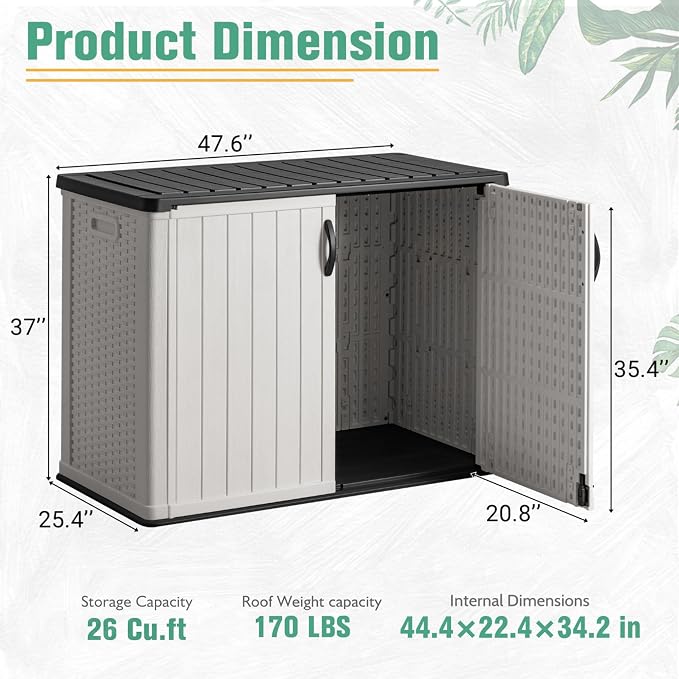 Greesum Outdoor Horizontal Storage Sheds 26 Cu.ft Resin Large Storaged Box Weather Resistance, Without Shelf, Easy to Assemble, Prefect for Garden, Patios, Backyards, White