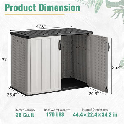 Greesum Outdoor Horizontal Storage Sheds 26 Cu.ft Resin Large Storaged Box Weather Resistance, Without Shelf, Easy to Assemble, Prefect for Garden, Patios, Backyards, White