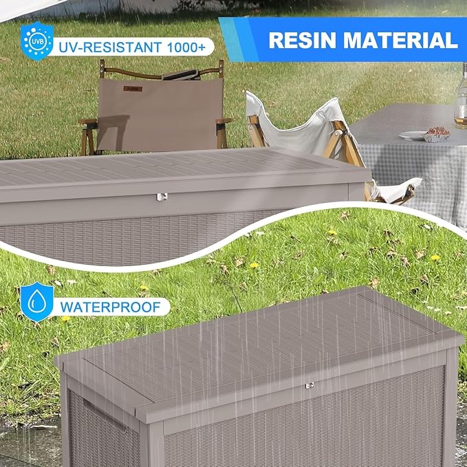 320 Gallon Outdoor Storage Box, Waterproof Resin Deck Box with Lockable Lid Large Storage Bin for Patio Furniture Cushion, Garden Tools, Pool Accessories UV-Resistant Outside Delivery, Gray