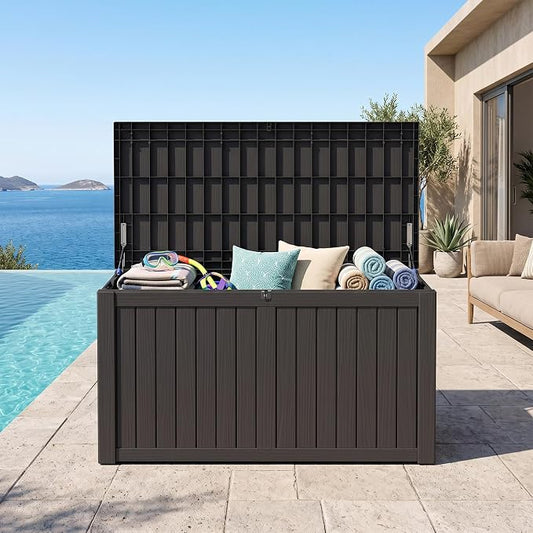Outdoor Storage Box, 180 Gallon Waterproof Deck Box [Upgraded 3.1], Large Resin Storage with Hydraulic Gas Lifts for Cushions, Lawn Mower Tools Chest Bench, Large Backyard, Black