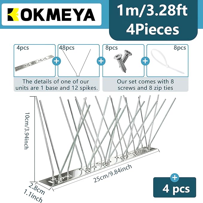 Bird Spikes 3.28FT, 304 Stainless Steel Bird Deterrents Spikes for Outside to Keep Birds Away Birds Scare Devices Outdoor 4Pcs
