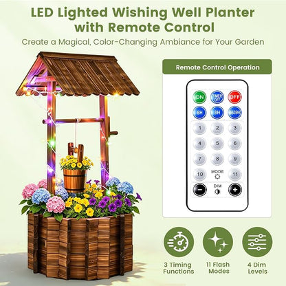 54" Outdoor Wooden Wishing Well Planter with Colorful LED Lights | Rustic fir wood decor with 11 light modes, 3 timer settings, adjustable bucket, drainage base, and liner for patio or yard