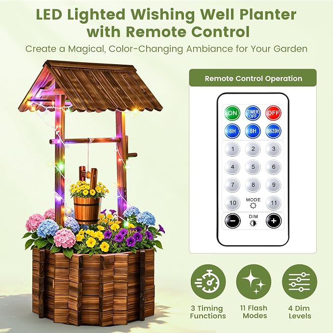 54" Outdoor Garden Wishing Well Planter with LED Lights | Rustic fir wood decor with 11 light modes, timer, adjustable bucket, drainage base, and liner for Yard, Patio, Backyard
