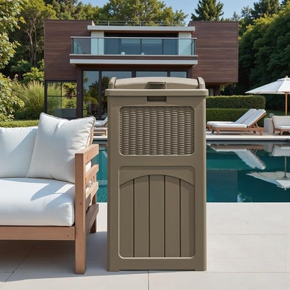 Greesum 33 Package Delivery Box for Outside, Patio Waterproof Resin Garbage Bin with Lid for Hideaway, Deck, Patio, Light Coffee