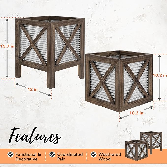 Autumn Alley Front Porch Planters Set of 2, 15.7" & 10.2", Wood & Metal | Tabletop scale for steps &entryways, Galvanized corrugated metal, X-brace wood frame, Holds a standard nursery pot