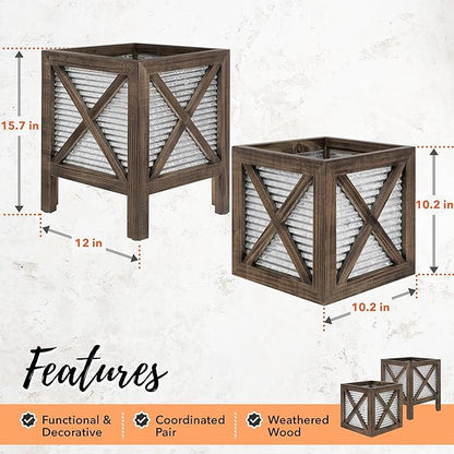 Autumn Alley Front Porch Planters Set of 2, 15.7" & 10.2", Wood & Metal | Tabletop scale for steps &entryways, Galvanized corrugated metal, X-brace wood frame, Holds a standard nursery pot
