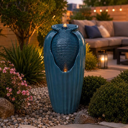 Teamson Home 32 in. Outdoor Contemporary Glazed Contoured Vase Water Fountain with LED Lights to Create a Calming Oasis in Gardens and Landscaping, on Patios, Balconies, Lawns, Teal Blue | Freestanding Floor Feature, Built-In LED Light, Glossy Teal Blu...