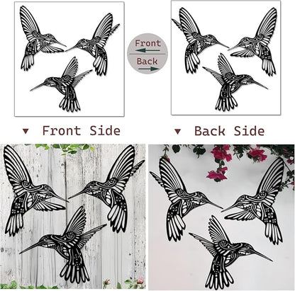 QZGXDECO Set of 3 Metal Hummingbird Wall Decor, 3D Iron Bird Wall Art for Outdoor Garden Fence, Patio & Yard Decorations, Large Hanging Sculptures for Living Room & Home, Gifts for Bird Lovers