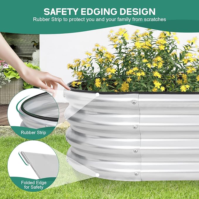 Galvanized Raised Garden Bed - 4×2×1ft (2 Packs) Planter Raised Beds for Gardening | Oval Metal Garden Planter Box with Safety Edging and Gloves for Vegetables Fruits and Flower - Silver