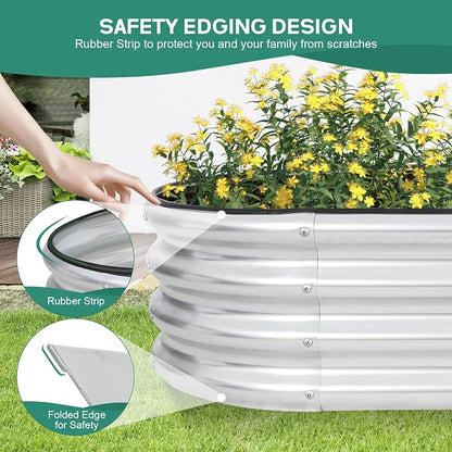 Galvanized Raised Garden Bed - 4×2×1ft (2 Packs) Planter Raised Beds for Gardening | Oval Metal Garden Planter Box with Safety Edging and Gloves for Vegetables Fruits and Flower - Silver
