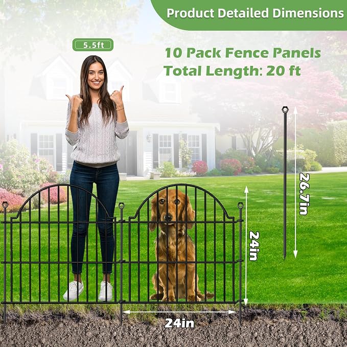 10 Panels No Dig Decorative Outdoor Garden Fence, 24in (H) x20ft (L) Animal Barrier Fencing for Dog, Arched Flower Bed Edging, Rustproof Metal Wire Panel Border with Temporary Ground Stakes