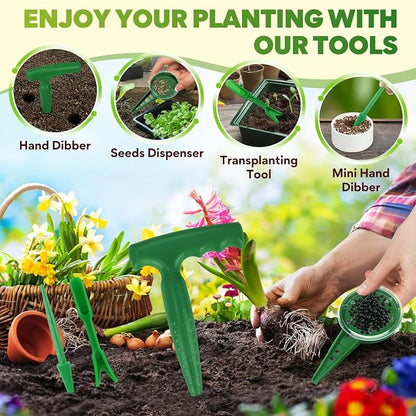 4 PCS Seed Planter Tool Set with Seed Dibber, Dispenser, Dark Green | 6.9" T‑Handle Garden Dibber with Scale, 0–5 Adjustable Seed Sower, Seeding Transplanter for Trays, Raised Bed, Balcony