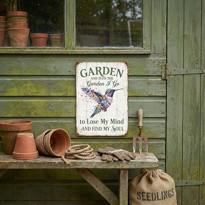 Garden Decor Sign Into the Garden I Go Hummingbird Wall Art | Garden Enthusiasts • Patio Porch Display • Garden Theme • Floral Hummingbird Design • UV Printed • 8x12 Inch