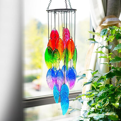 YU FENG 18 Inch Stained Glass Leaves Wind Chimes for Outside Garden | Handmade Glass Wind Chime, Forest Leaf Design, Rainbow Light Catcher, Patio Window Yard Hanging Decor