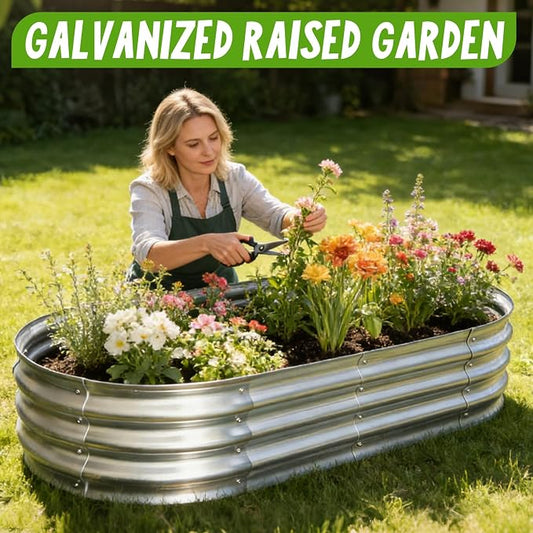 Galvanized Raised Garden Bed Kit, Planter Garden Boxes Outdoor, Oval Large Metal for Vegetables Fruits, Flowers Planter Boxes, Easy Assembly Garden Bed Kit (Silver, 4×2×1FT (1-Pack)
