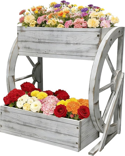 NestNature Wooden Wagon Planter Box|Rustic Planter Use On Indoor&Outdoor | 2-Tier Medium Solid Wood Planter-Flower Pot Use On Patio,Porch,Garden-Raised Garden Bed For Succulents, Herbs, Vegetables