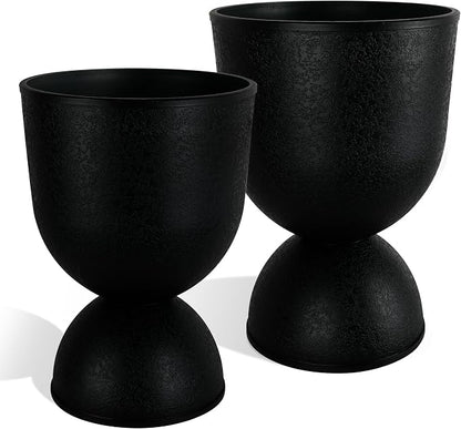 KOL Planters Flower Pots, Large Plastic Urn Planters for Indoor Outdoor Plants, Black Pedestal Planter 2 Pack, 18 Inch+23 Inch, Tall Decorative Planters with Drainage Holes & Plugs for Porch Garden