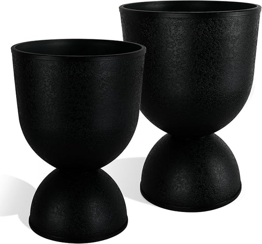 KOL Planters Flower Pots, Large Plastic Urn Planters for Indoor Outdoor Plants, Black Pedestal Planter 2 Pack, 18 Inch+23 Inch, Tall Decorative Planters with Drainage Holes & Plugs for Porch Garden