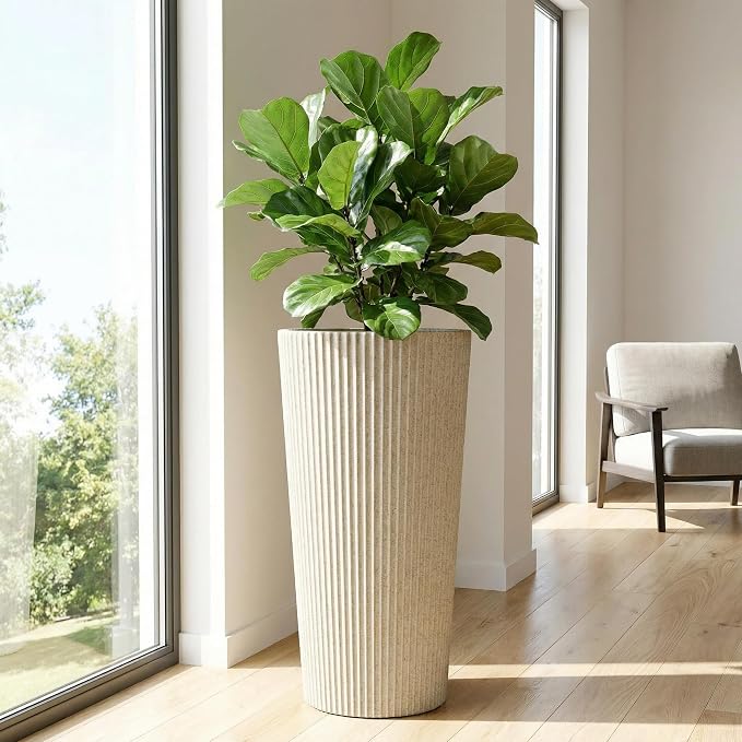 24" H Tall Planters for Outdoor Plants, 2 Pack Large Outdoor Planters for Front Porch Decor with Drainage Hole, Plastic Striped Flower Pots Fits Indoor Plants Patio Garden, Black