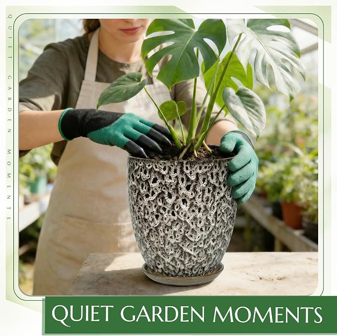 11.8 Inch Flower pots for Indoor Plants,Ceramic Planter with Saucer Drainage Leak-Proof Mesh Gardening Gloves (Spotted White)