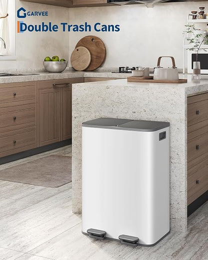 GarveeHome 2 x 8 gal Stainless Steel Double Trash Can with Lid for Kitchen, Large Dual Trash and Recycle Bin Combo, Step-on Kitchen Metal Garbage Cans, PP Inner Buckets, Liner Rim, Grayish-White