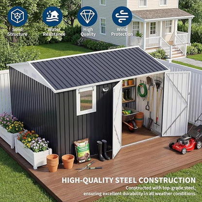 Garvee 10x8 FT Heavy-Duty Metal Outdoor Storage Shed with Solar Light | Motion Sensor Light, Window, Pegboard Tool Organizer, Lockable Doors, 4 Air Vents for Garden Patio Backyard Garage