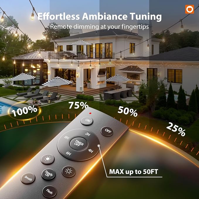 addlon 50FT Outdoor String Lights LED with Remote Dimmable Patio Lights Waterproof Shatterproof Edison Bulb for Outside Backyard Porch Garden Bistro Pergola Party Decor, Warm Ambience Lighting