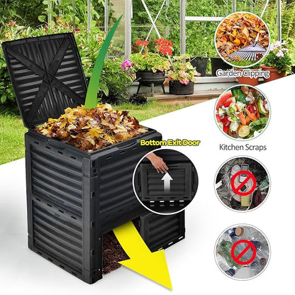 Goplus Compost Bin, 80 Gallon (300 L) Large Outdoor Composting Box w/Top Flip Latch-on Lid, Bottom Exit Door, BPA Free Material, Grass Food Trash Composter Barrel for Garden Yard (Black)