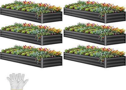 YITAHOME 6pcs 12x4x1 ft Galvanized Raised Garden Bed Kit, Large Metal Planter Box with Gloves, Safety Rubber & Support Rod, Outdoor Flower Bed for Plants Vegetables, Black