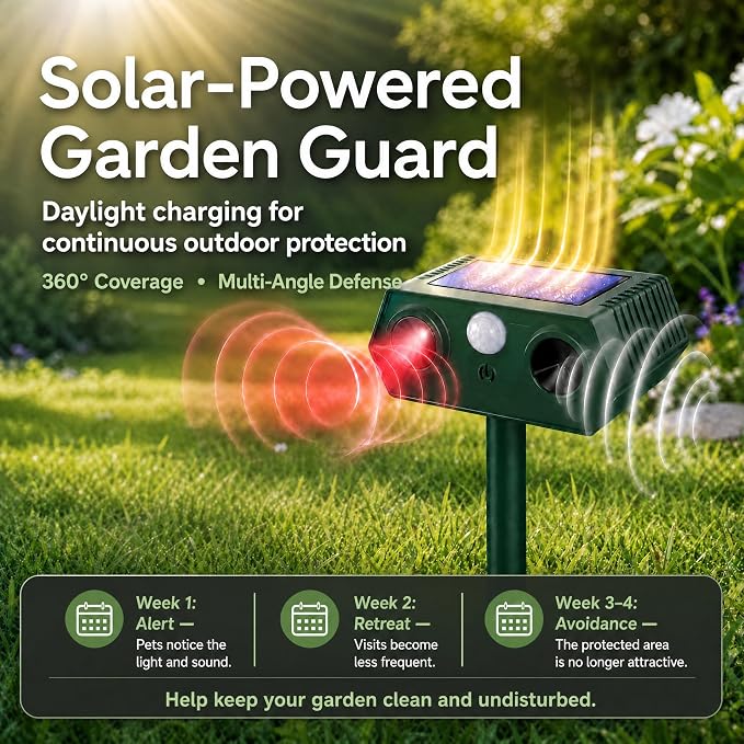Solar Ultrasonic Animal Repeller with Red&Blue Light for Gardens, Farms and Courtyards, Outdoor Sonic Fortress Pro Deterrent for Deer, Raccoons, Squirrels, Cats, Rabbits, Skunks, Foxes & More(4Pack)