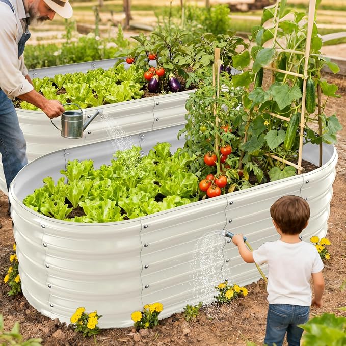 17" Tall Oval-Shaped / Elliptic Metal Raised Garden Bed Outdoor Cream White | 48X24X17 Inch,1.5 FT Tall,0.8MM Thick Galvanized Metal Painted,for Variety of Flowers,Herbs,Vegetables.with Gloves,Tool free