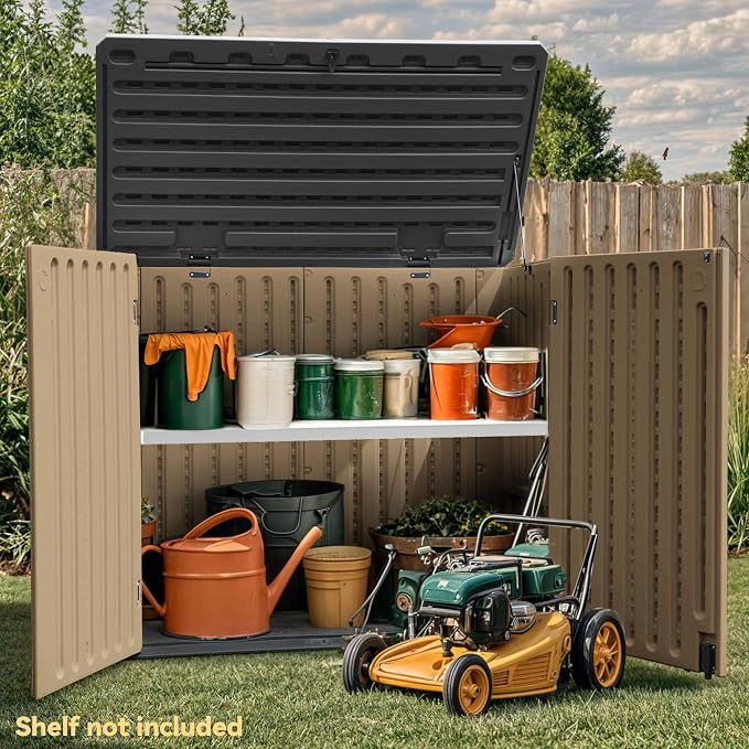 DWVO 35 Cuft Outdoor Horizontal Storage, Waterproof Resin Storage Shed with Floor and Multiple Accesses for Garden Tools, Easy Assembly, Brown (No Shelf Included)
