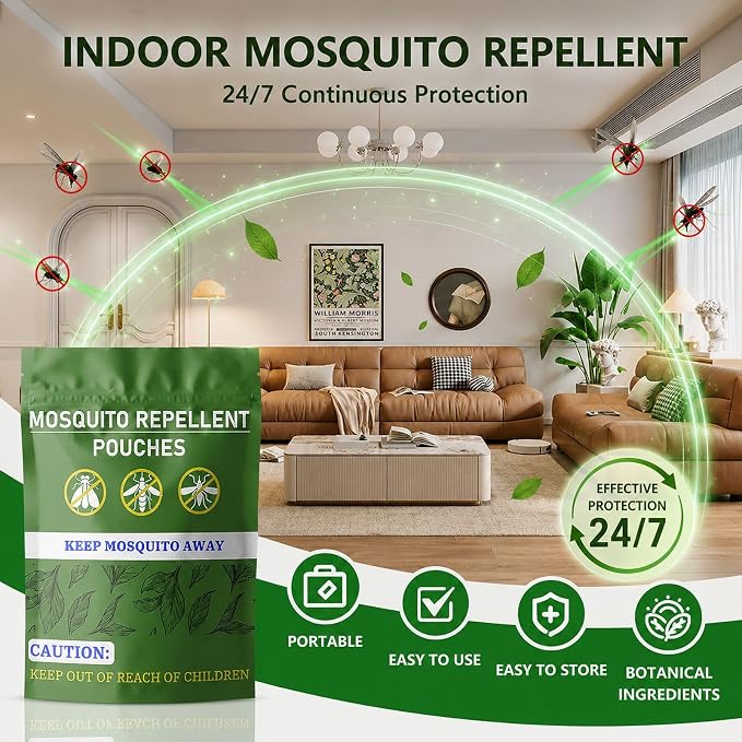 Mosquito Repellent Pouches Indoor Home Outdoor Patio, 60 Days Long-Lasting, Mosquito Repellent Bags for Yard, Garage, Bedroom, Fresh Mint Scent, Non Toxic, Kid & Pet Safe, Covers 120 sq ft, 10 Pack