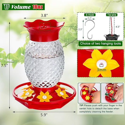 Fchstaer Glass Hummingbird Feeders for Outdoors Hanging 16oz 2 Pack Clear Pineapple Bee & Ant Proof 360°Perch Leakproof Easy Clean with 6 Feeding Ports Gifts for Mom