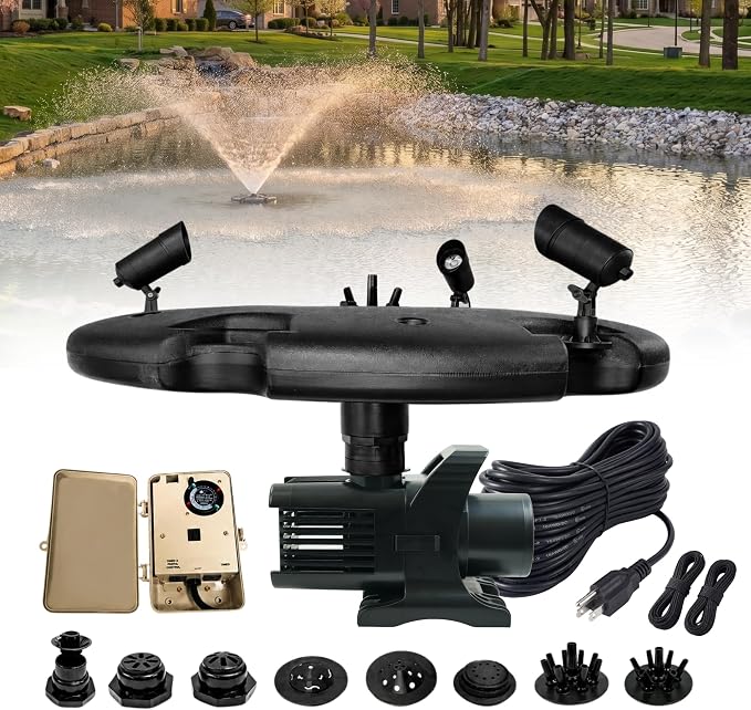 Half Off Ponds 1.5 HP Floating Fountain & Aerator | 12,500 GPH output, 11 spray patterns, Color-changing LED lights, Control box included, 100 ft cord