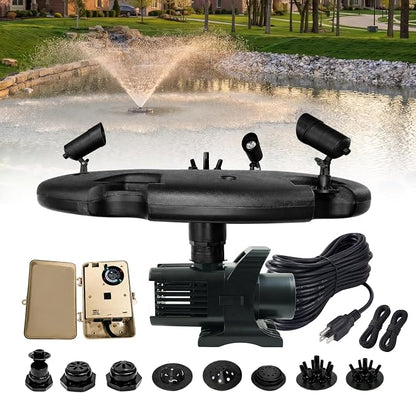 Half Off Ponds 1.5 HP Floating Fountain & Aerator | 12,500 GPH output, 11 spray patterns, Color-changing LED lights, Control box included, 100 ft cord