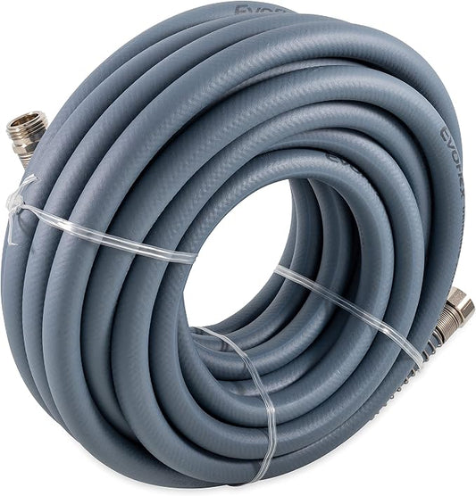 Camco EvoFlex 50-Ft Water Hose - RV Drinking Water Hose Contains No Lead, No BPA & No Phthalate - Flexible Design w/Stainless Steel Strain Relief Ends - 5/8” Inside Diameter, Slate (22584)