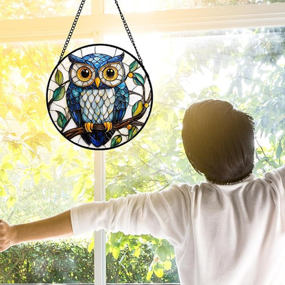 DASTOLL Stained Glass Window Hanging, Owl Gifts for Women Sun Catchers Diamond Glass Panel Hangings Birds Suncatcher Decor for Birthday for Women, Men, Wife, Aunt,and Mom 7.8X7.8IN