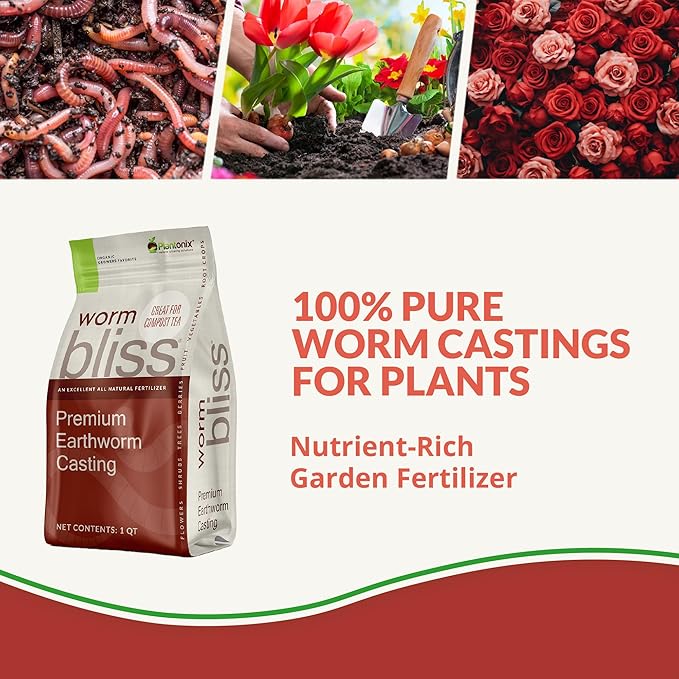 Worm Bliss (1 Qt) - Organic Worm Castings for Plants & Gardening - OMRI-Listed Earthworm Castings for Plants, Vegetables, Flowers, & Potting Soil - Organic Garden Fertilizer Rich in Nutrients
