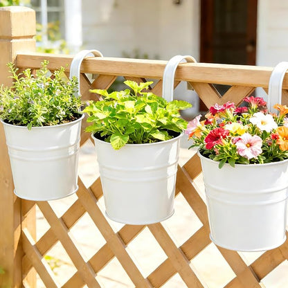 KINGLAKE Flower Pots,10 Pcs Metal Iron Hanging Flower Plant Pot Balcony Garden Plant Planter Baskets Fence Bucket Pots 6.3'' Flower Holders with Detachable Hook White