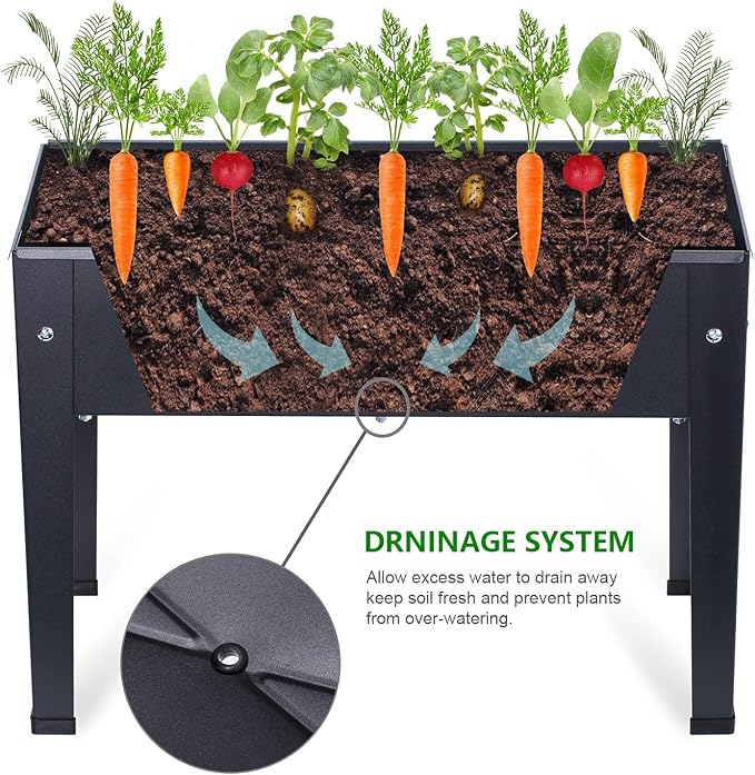 Piksedo Raised Garden Bed, Elevated Planter Metal Plant Box with Legs Standing Garden Stand Drainage Holes Frosted Black