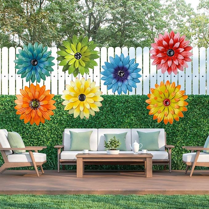 Outdoor Metal Wall Art Decor, 2 Pack 8 Inch Sunflower Wall Decorations, Hanging Outdoor Wall Decor, Handmade Metal Flowers for Outdoor Outside Indoor Decor,Yellow