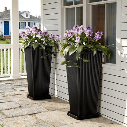 Tall Black Planters Outdoor Set of 2-24" Modern Tapered Plastic Planters for Outdoor Plants with Drainage Holes/Partition/Tray, Large Indoor Planter for Porch Patio Garden Front Porch