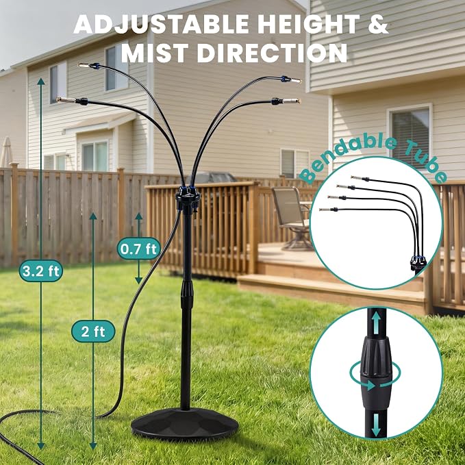 HOMENOTE Standing Misting Cooling System with Fillable Base, 26.2FT Water Line, Adjustable Height Standing Mister for Outside Patio Cooling, Pool Tanning, Garden Greenhouse Watering (Black)