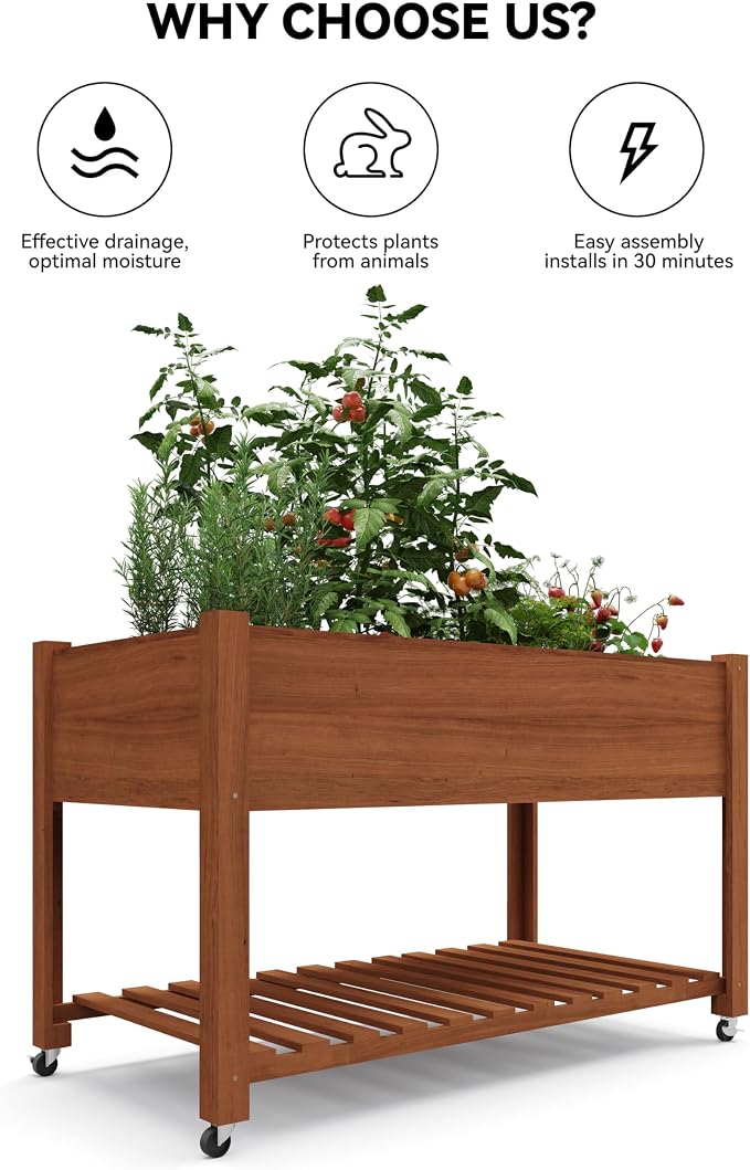IDEALHOUSE Rolling Elevated Planter Box on Wheels, 48x24x30 Inch Mobile Raised Garden Bed with Locking Casters, Storage Shelf, Wooden Outdoor Planter for Vegetables Flowers Patio Backyard, Oak