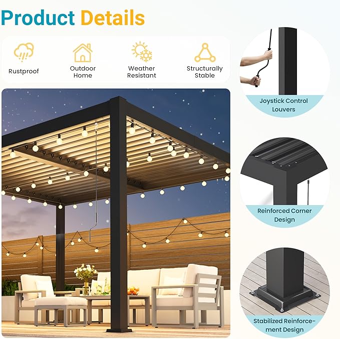 Louvered Pergola, 10' x 12' Outdoor Pergola, Aluminum Frame Patio Gazebo with Adjustable Louvers Roof and Integrated Gutter System, Outdoor Hardtop Gazebo for Patio, Backyard, Deck, Garden, Dark Gray